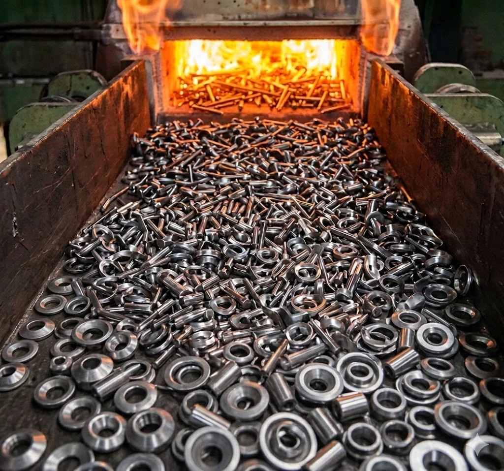 Arruelas saindo do forno de austêmpera